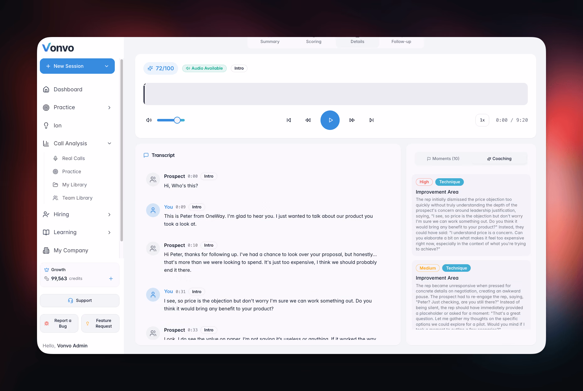 Vonvo.ai call transcript with AI coaching moments and improvement areas