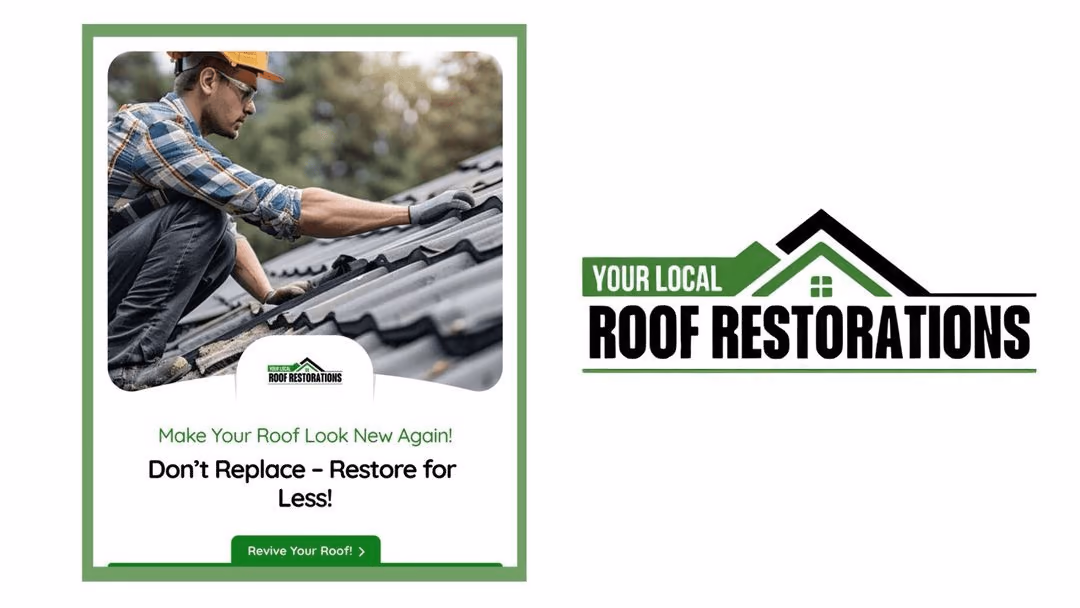 Your Local Roof Restorations Facebook ad creative showing roof restoration technician with make your roof look new again messaging and revive your roof call to action