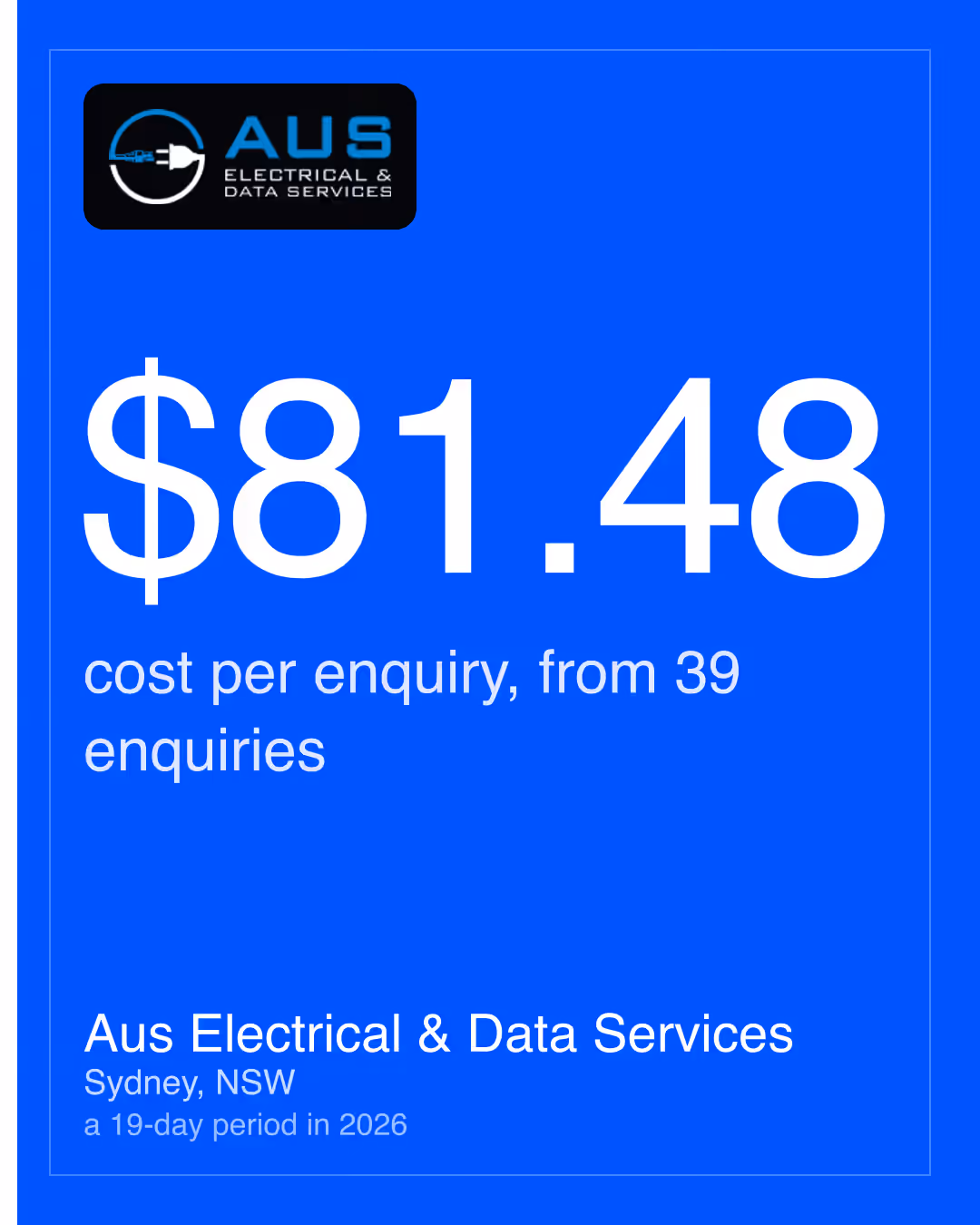 Aus Electrical & Data Services: $81.48 cost per enquiry, from 39 enquiries