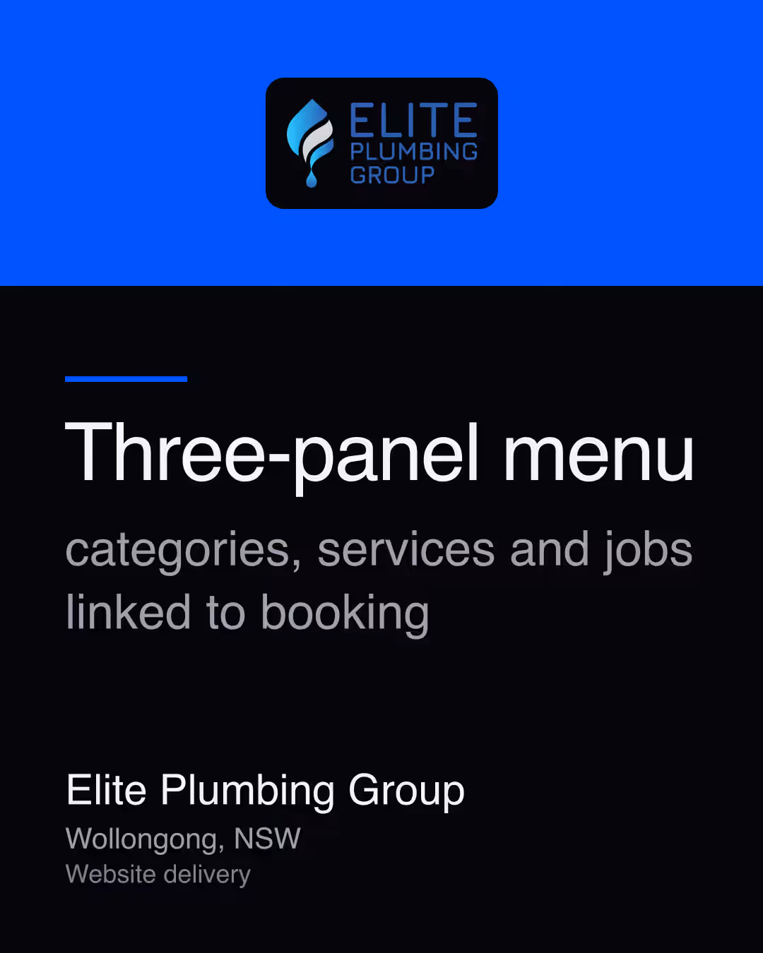 Elite Plumbing Group: Three-panel menu categories, services and jobs linked to booking