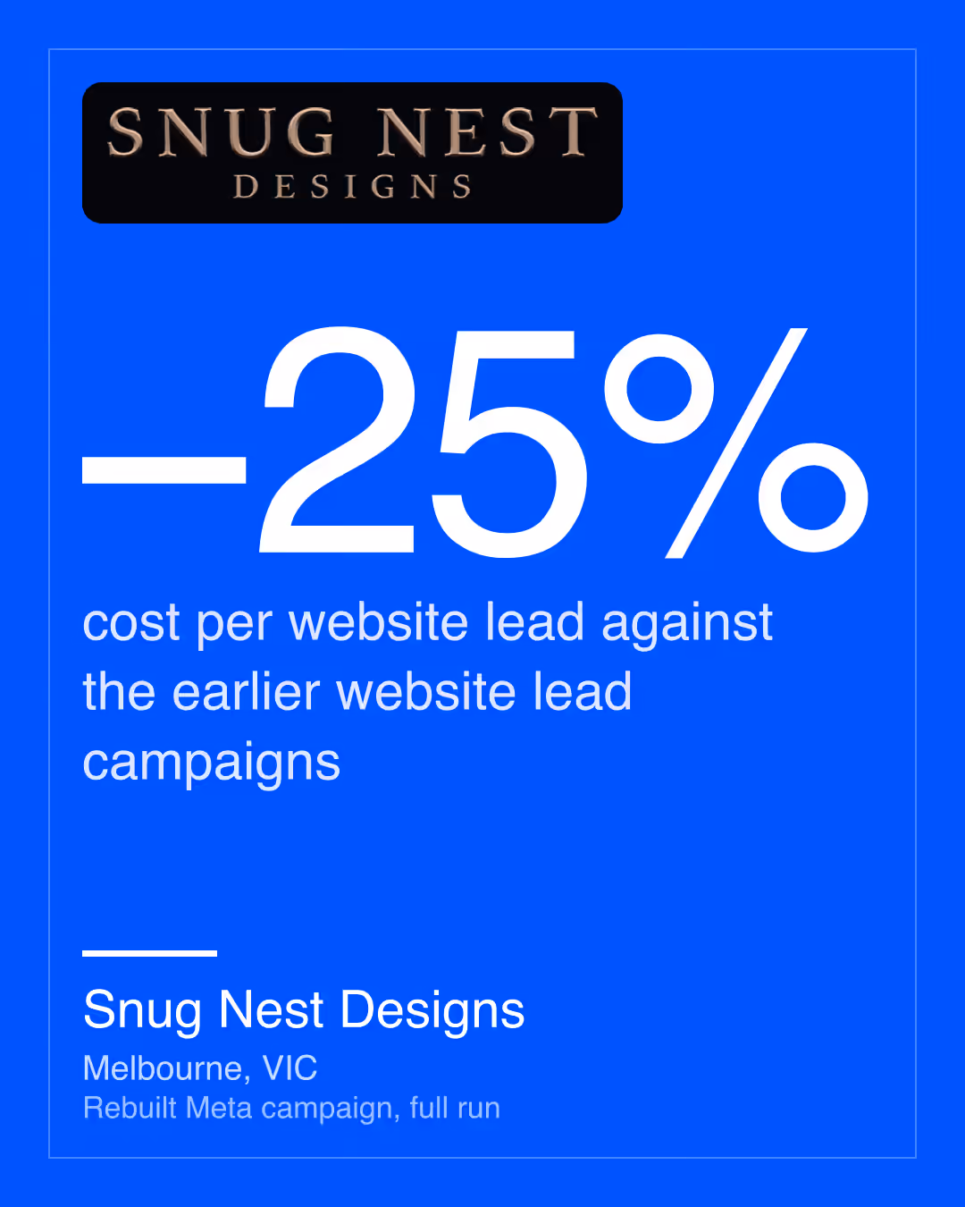 Snug Nest Designs: −25% cost per website lead against the earlier website lead campaigns