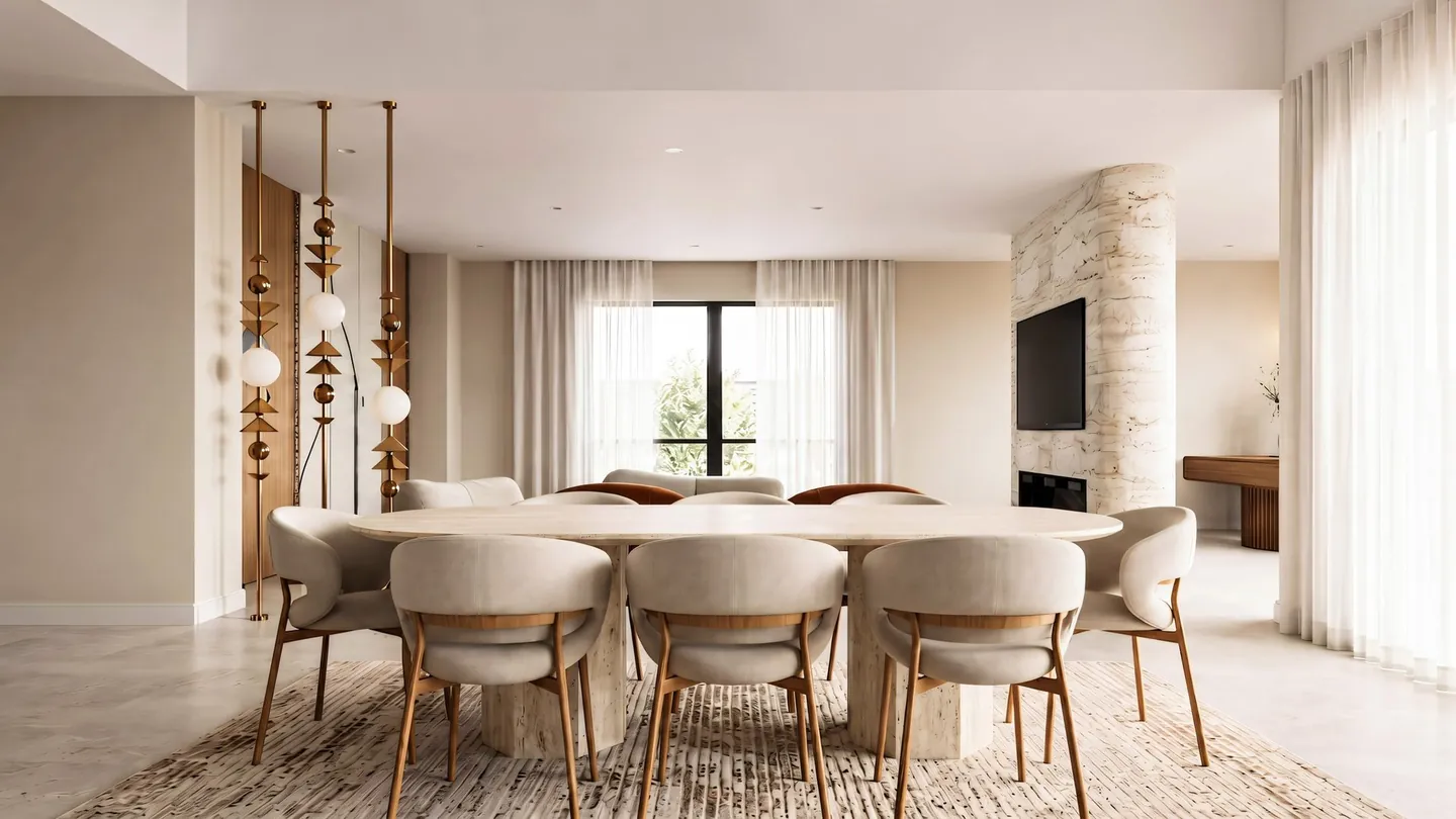 Contemporary Oasis dining room with a stone table, curved chairs and sculptural brass lights, a design visualisation