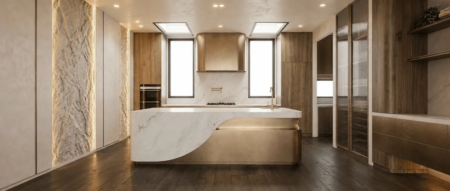 Crafted Legacy kitchen with a curved marble and brass island, timber joinery and lit stone panels, a design visualisation