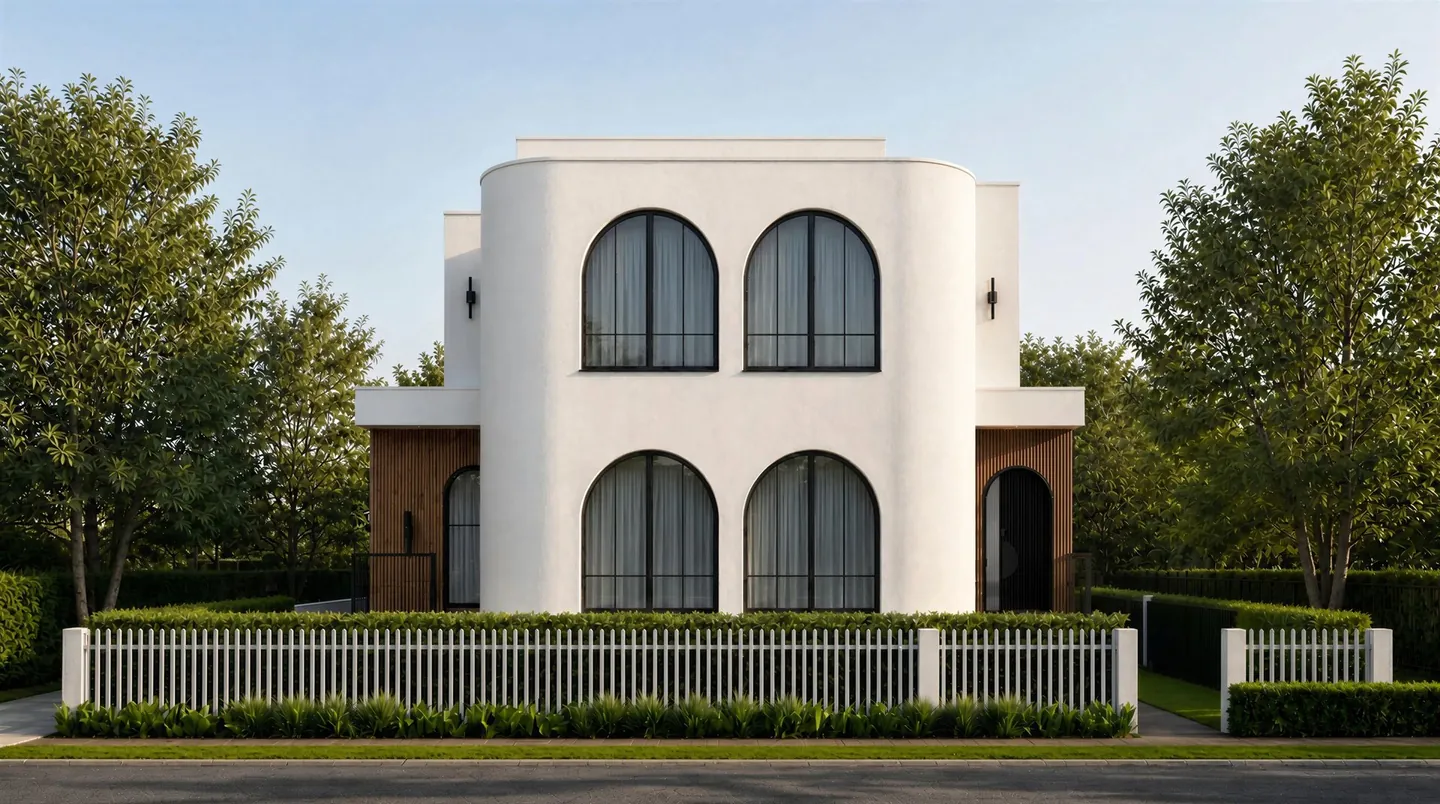 Spanish Reverie exterior with arched black-framed windows, white render, timber battens and a picket fence