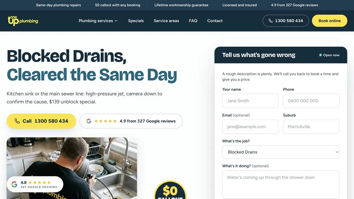 OneUp Plumbing blocked-drain page with matching service in the quote form