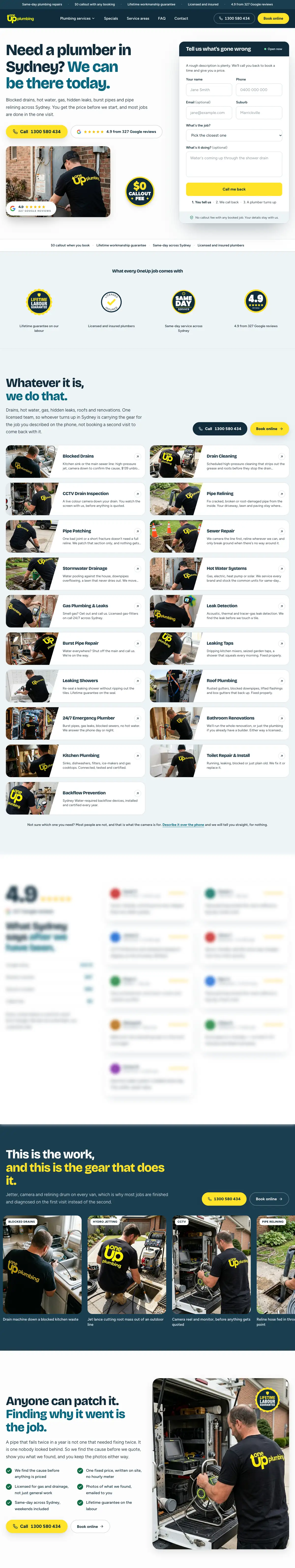 The OneUp Plumbing home page, from the headline and callback form through the services to the section on finding the cause