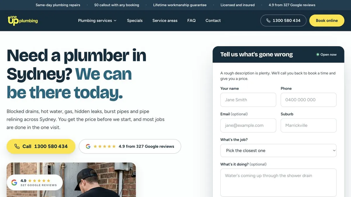 OneUp Plumbing Sydney introduction and plain-language job form