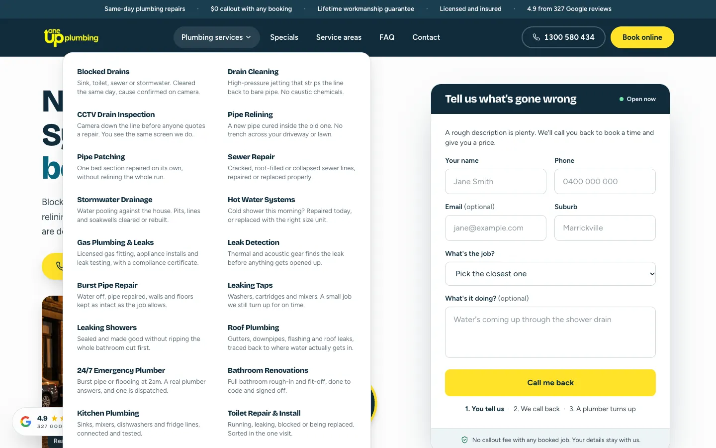 OneUp Plumbing services menu listing 19 services, each with a one-line description