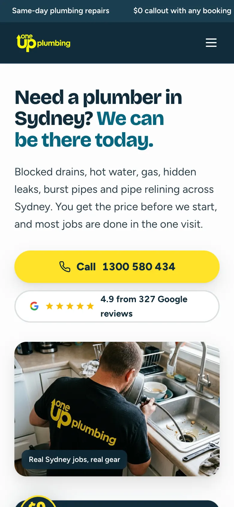 OneUp Plumbing home page on a phone with a full-width Call button