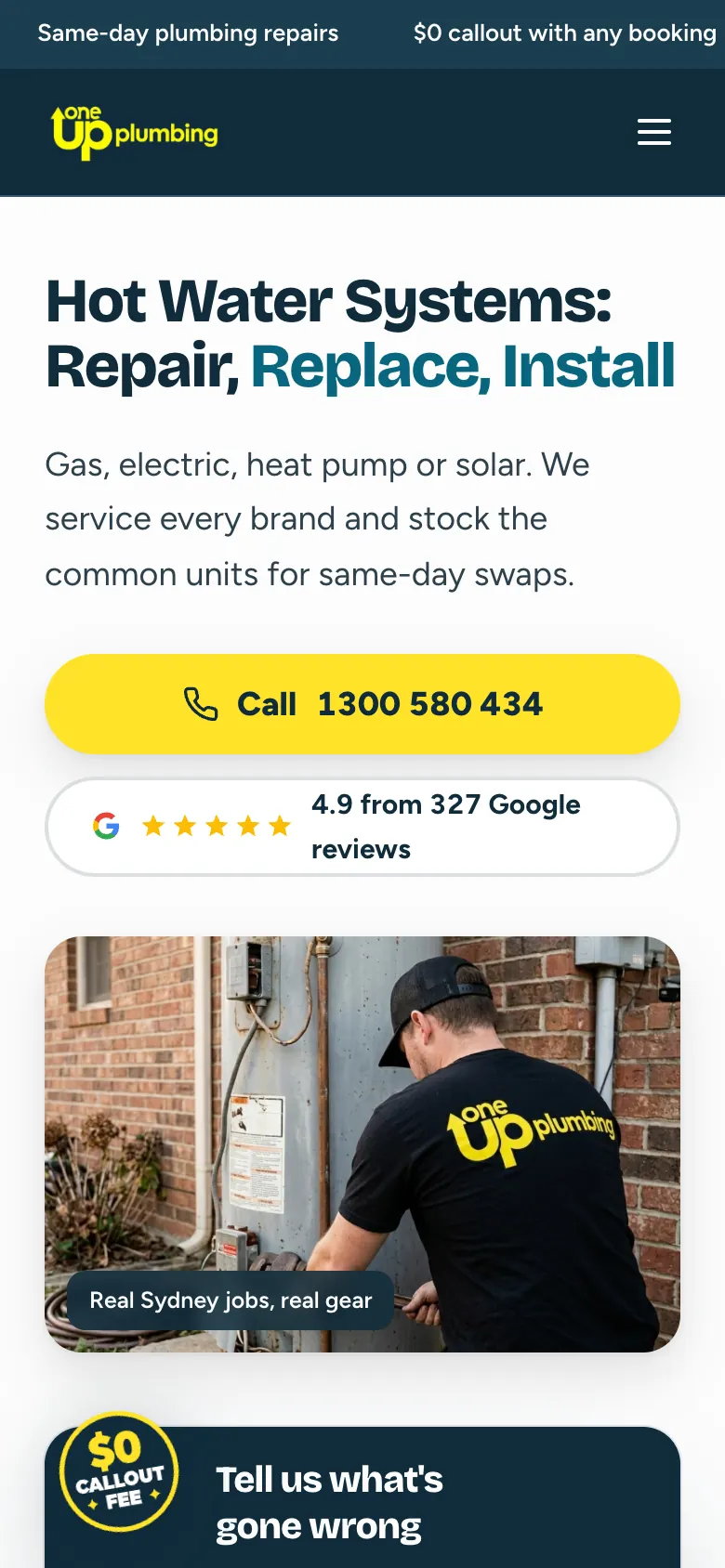OneUp Plumbing hot water systems page on a phone with a full-width Call button under the headline
