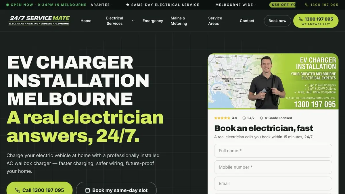 247 Electrician Mate EV-charger installation page with booking panel