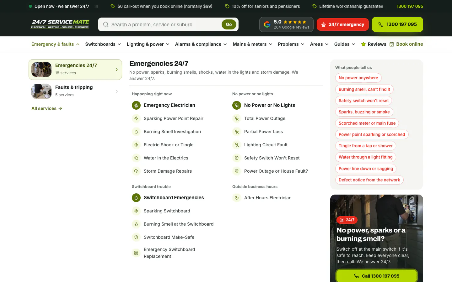 Emergency and faults mega menu with grouped services, a symptom list and a call panel