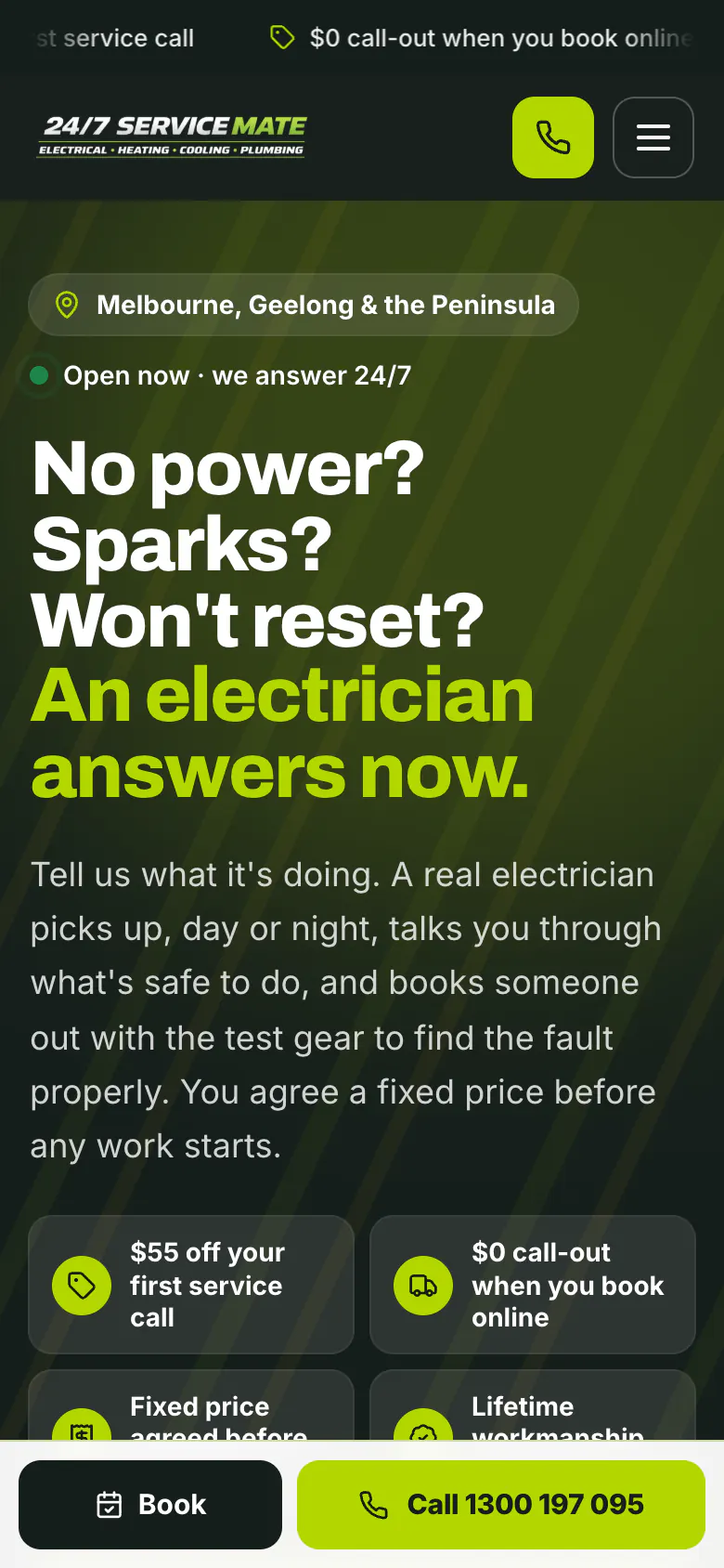 247 Electrician Mate home page on a phone with the Book and Call bar