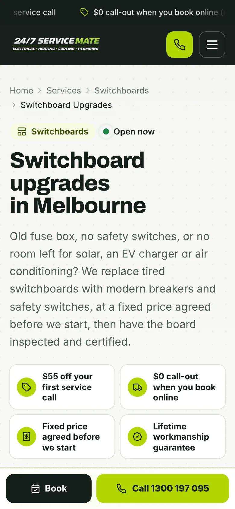Switchboard upgrades page on a phone with the Book and Call bar