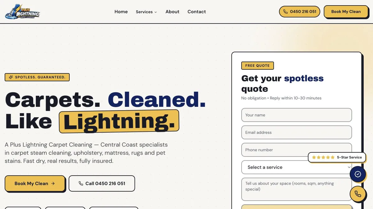 A Plus Lightning carpet-care introduction beside its quote form