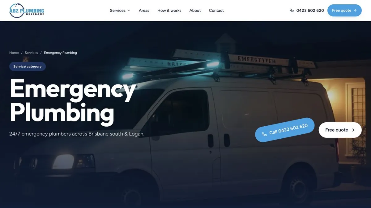 ABZ emergency-plumbing category page with vehicle imagery and contact actions