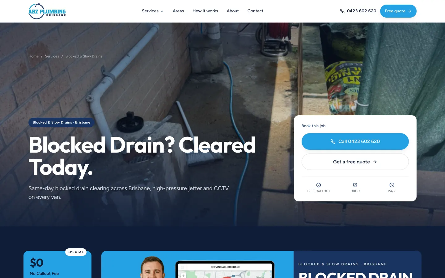 ABZ Plumbing blocked drain clearing page with a Book this job card