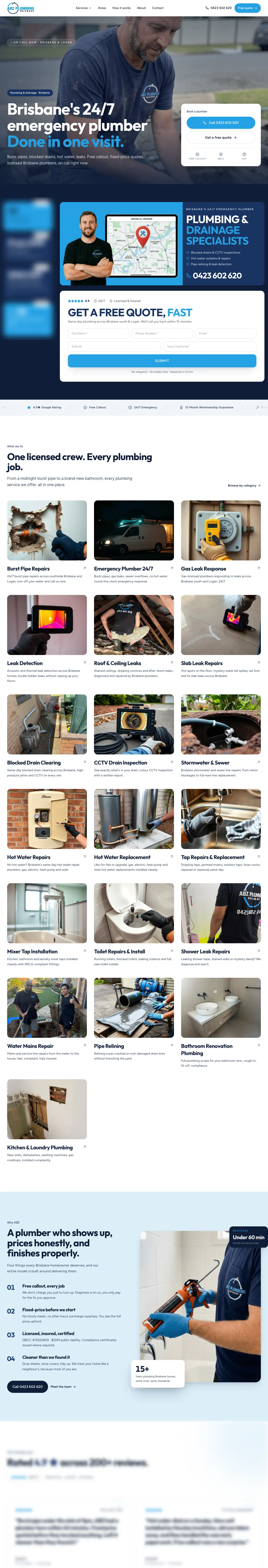 The ABZ Plumbing home page from the headline through the quote panel, the services and the reasons to call