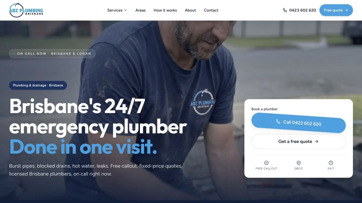 ABZ Plumbing Brisbane introduction with working photograph and booking card