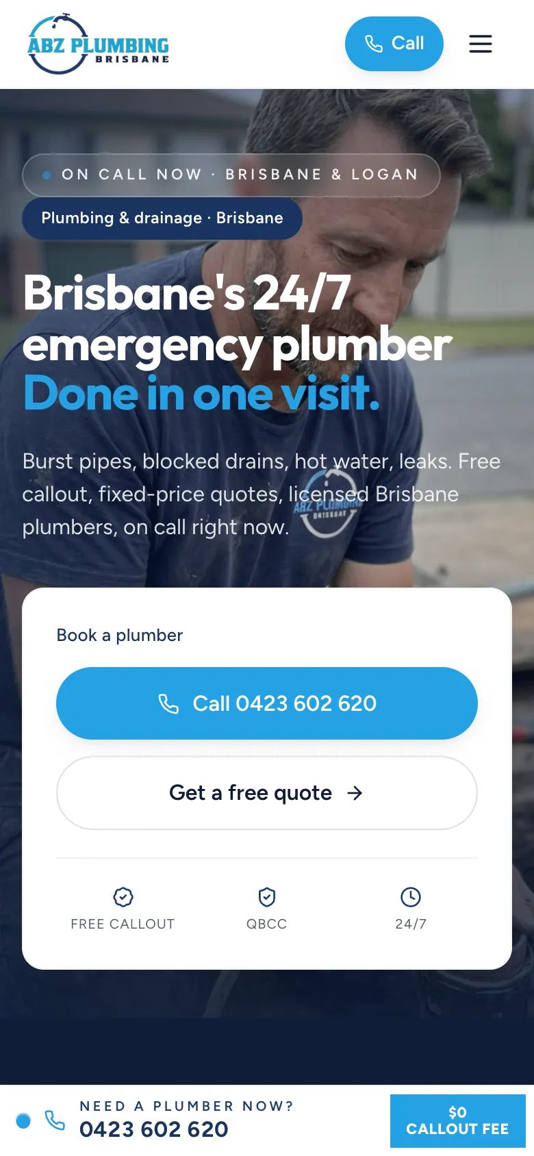 ABZ Plumbing home page on a phone with a fixed call bar at the bottom