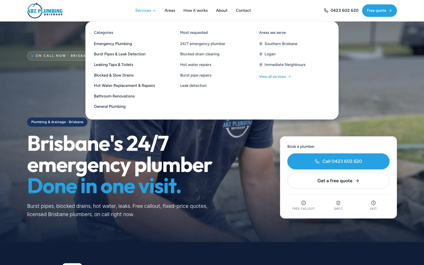 ABZ Plumbing Services menu with categories, most-requested jobs and areas