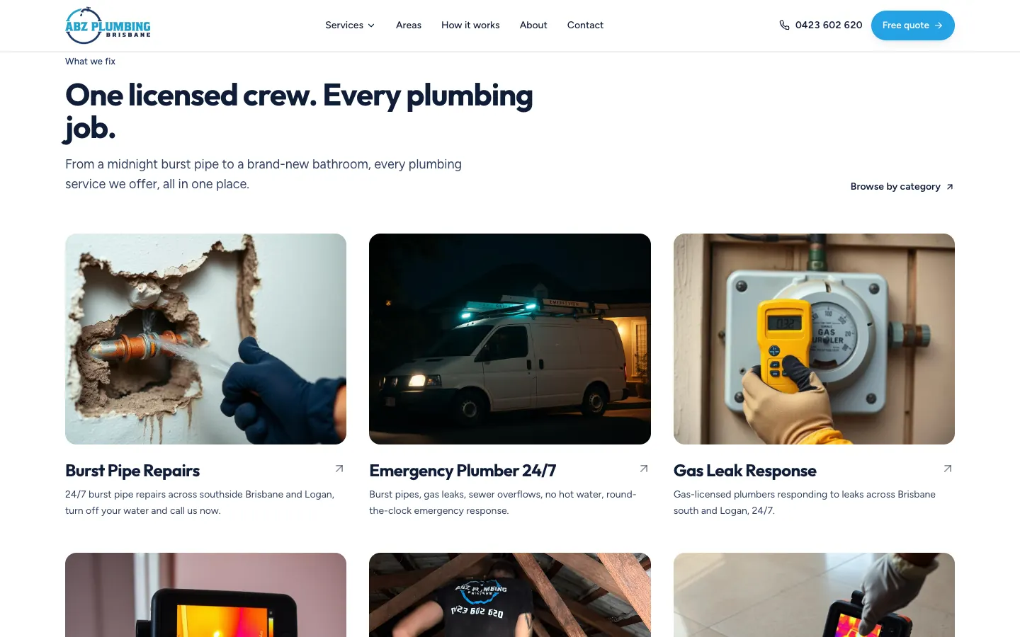 ABZ Plumbing services section headed One licensed crew. Every plumbing job.