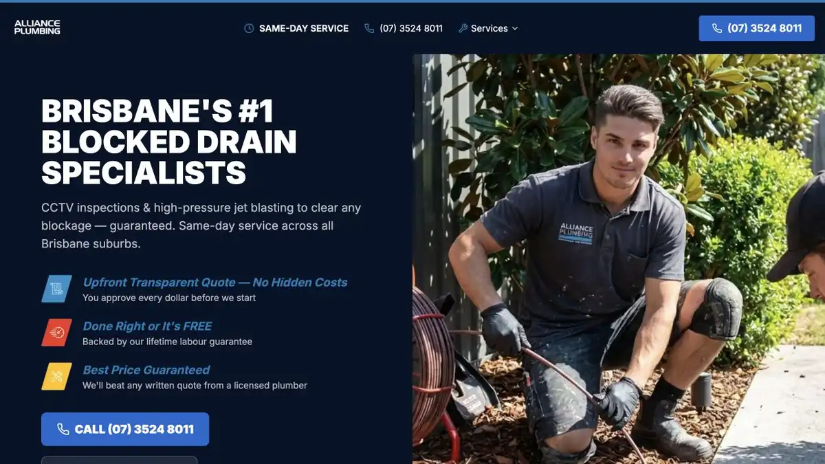 Alliance Plumbing blocked-drain page with relevant working imagery