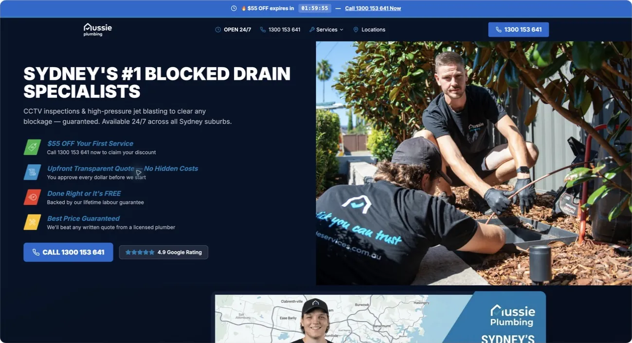 Aussie Plumbing website — blocked-drains service page