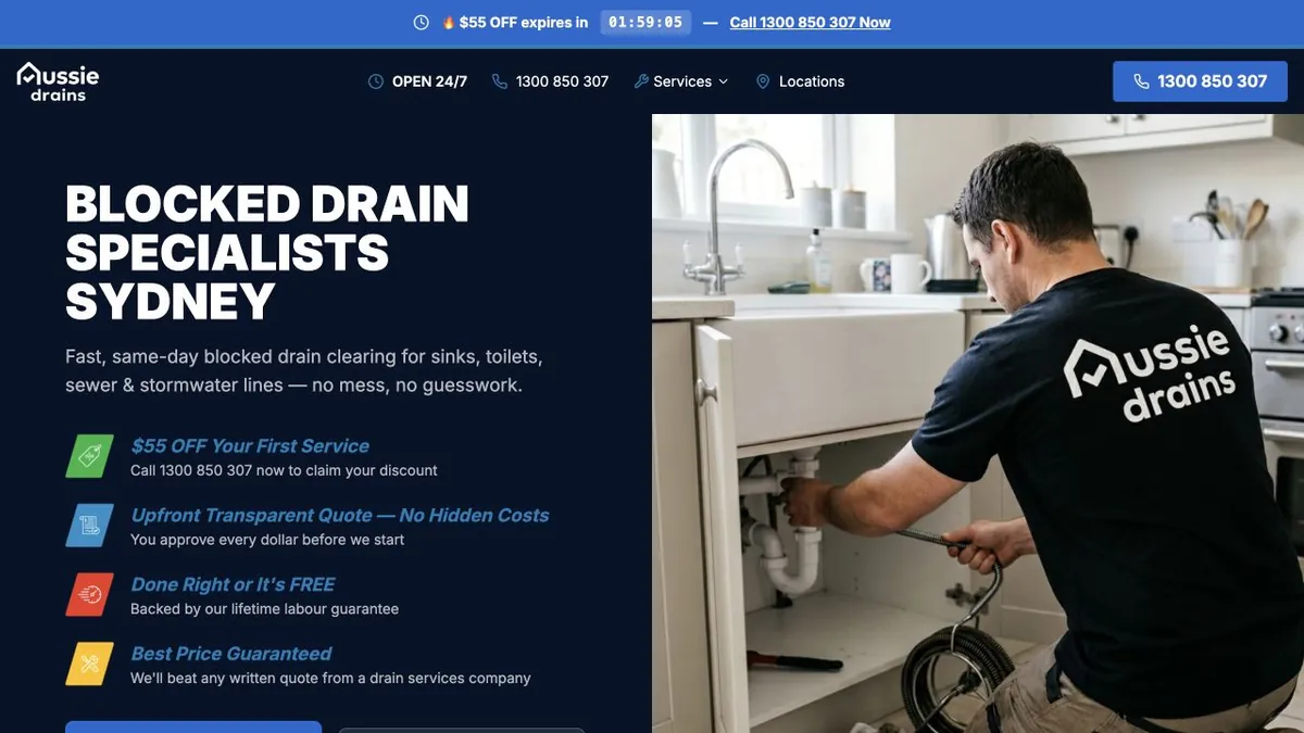 Aussie Drains blocked-drain service page with under-sink working imagery