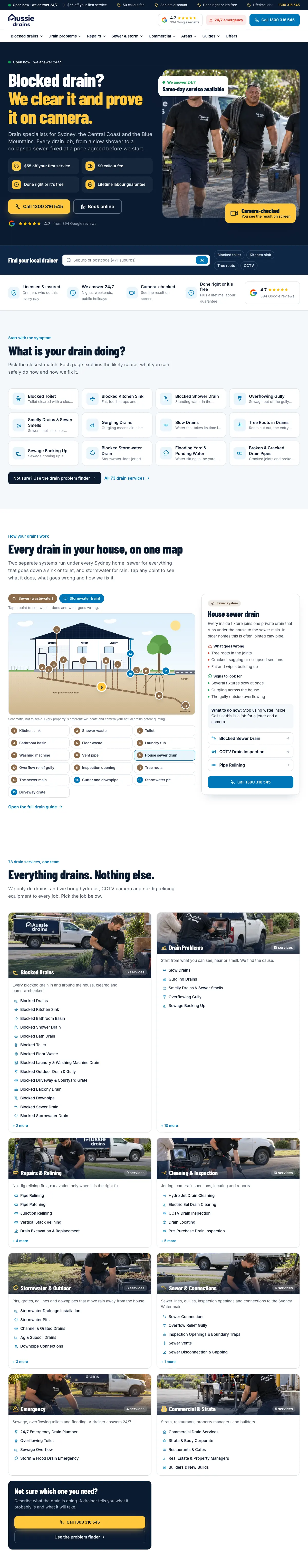 The Aussie Drains home page from the headline through the drain problems, the house map and the service groups