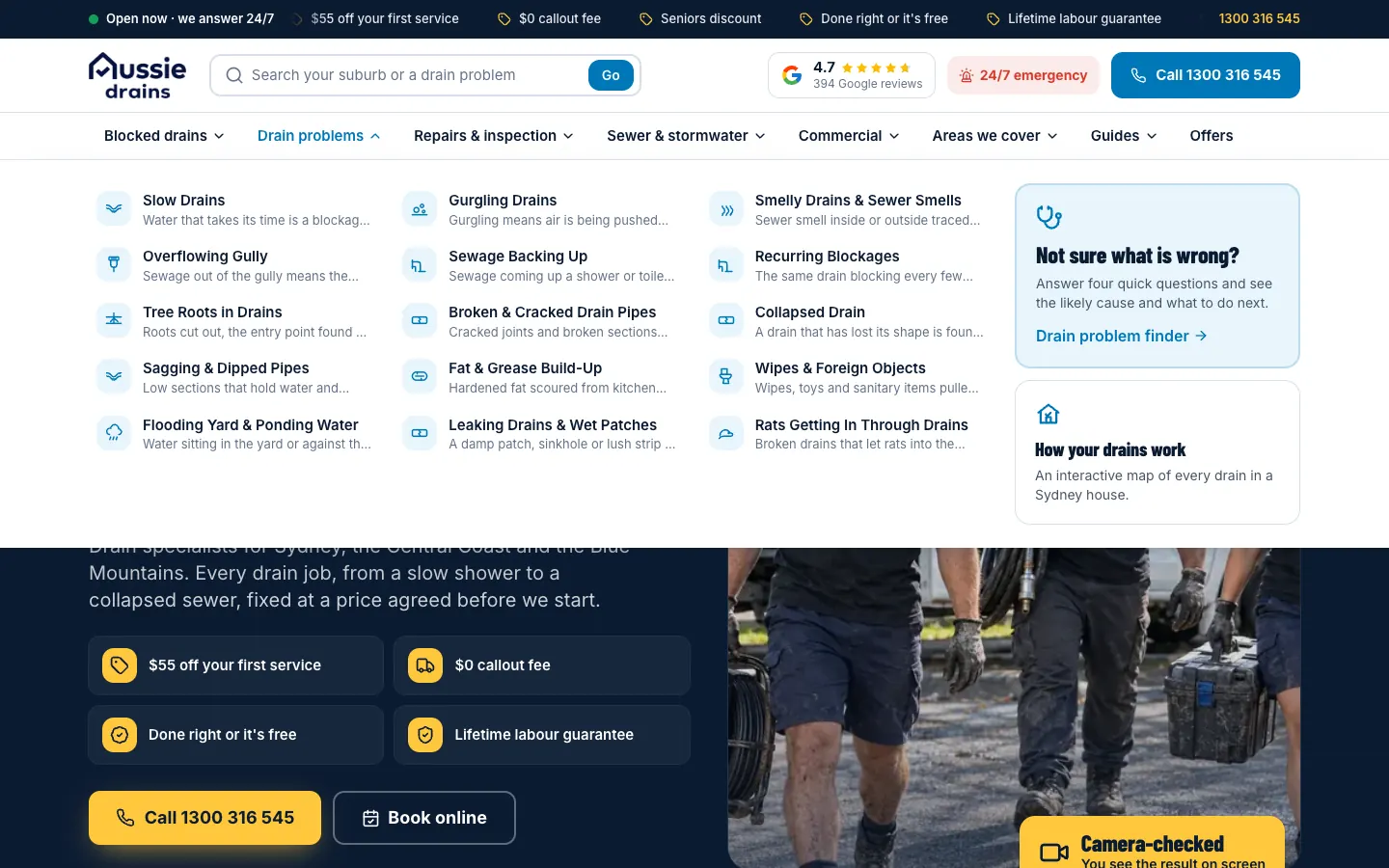 Aussie Drains Drain problems menu