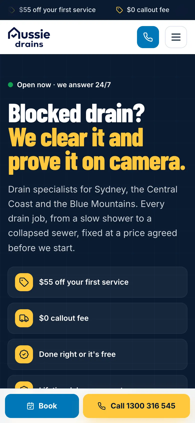 Aussie Drains home page on a phone with a fixed Book and Call bar