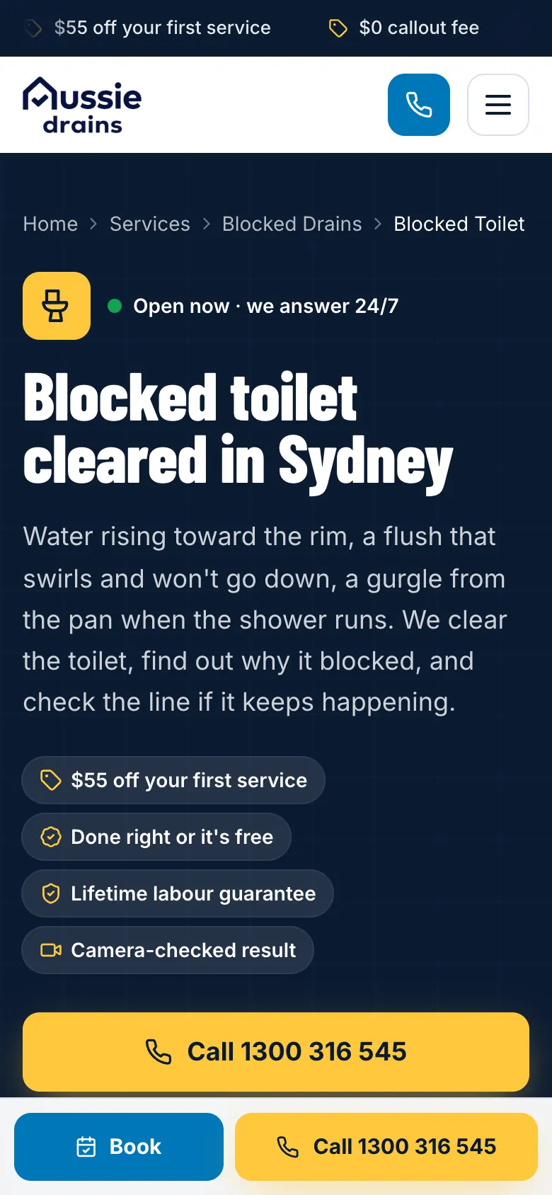 Aussie Drains blocked toilet page on a phone with a fixed Book and Call bar