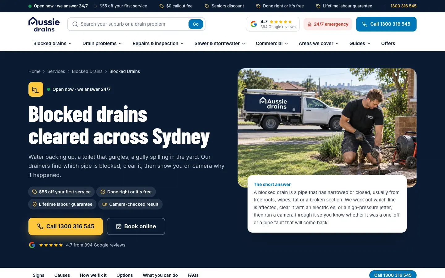 Aussie Drains blocked-drains service page with a drainer clearing an outdoor line