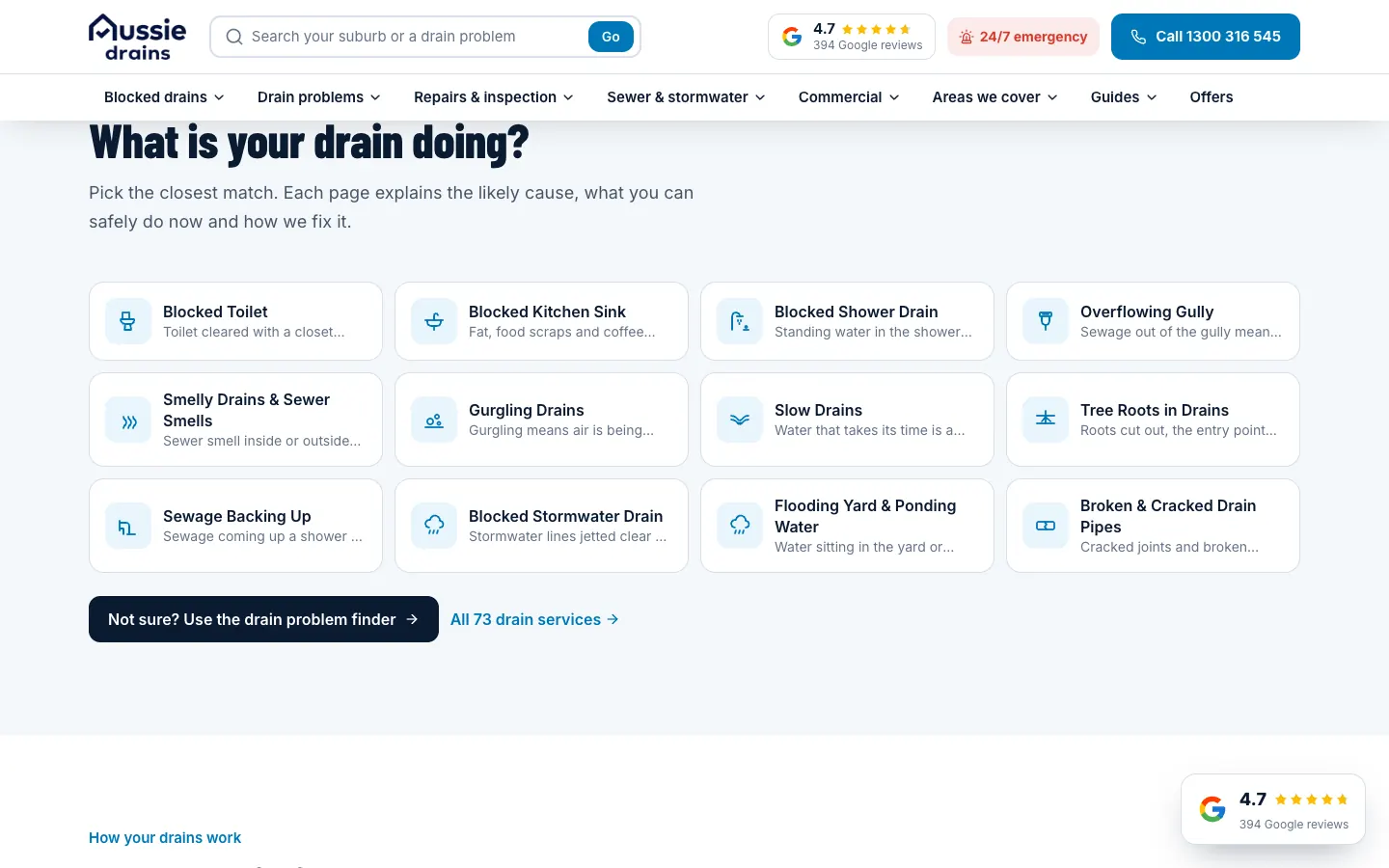 Aussie Drains What is your drain doing? section with twelve common drain problems