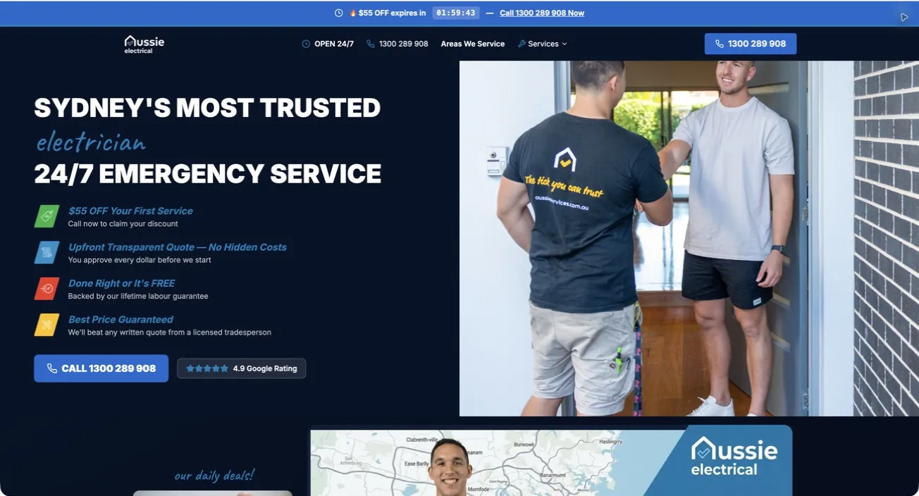 Aussie Electrical desktop homepage with navy service message and blue call button