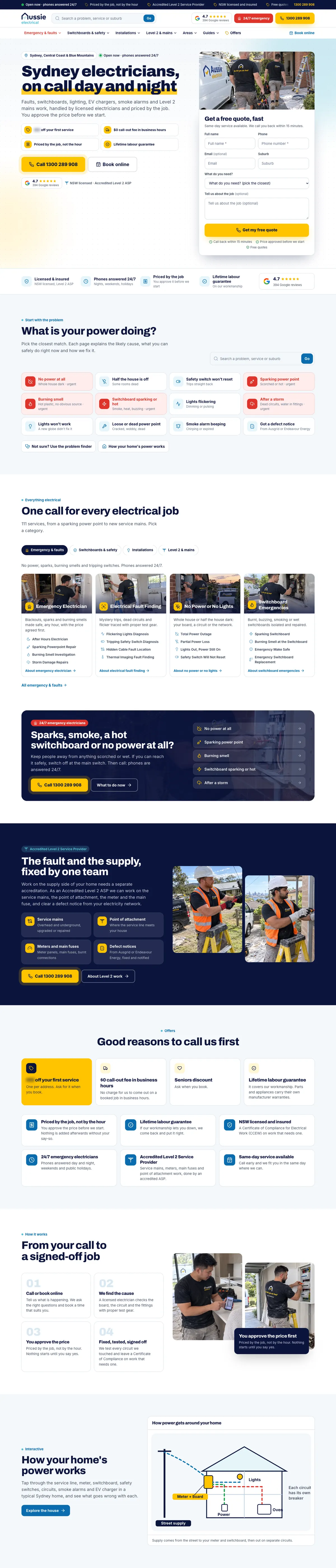 The Aussie Electrical home page, from the headline to the interactive house, with offer amounts blurred