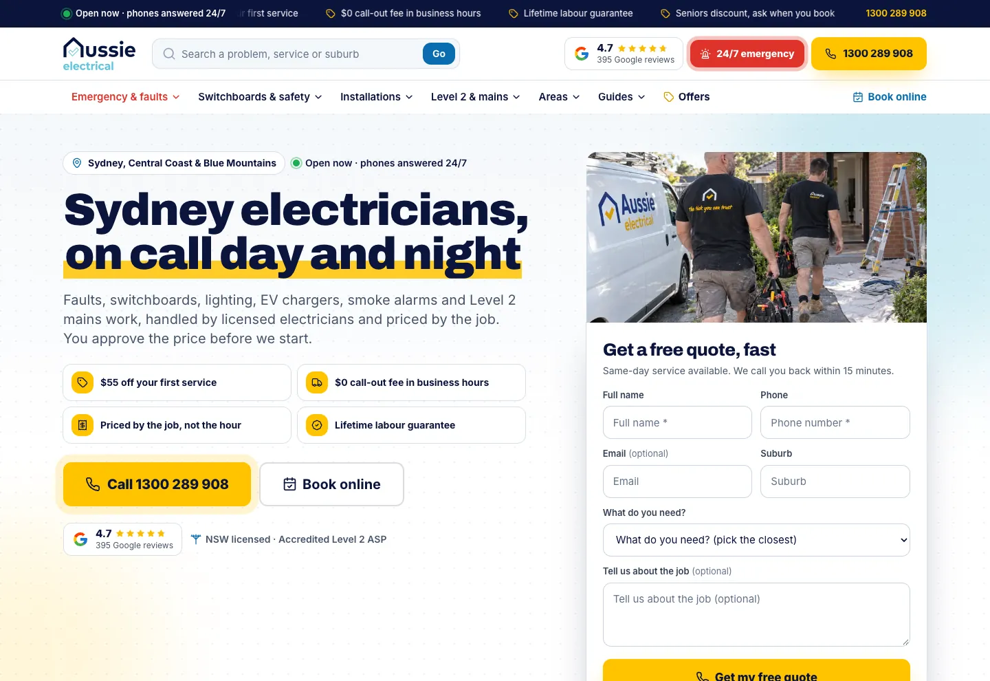 Aussie Electrical homepage with offer tiles and a quote form