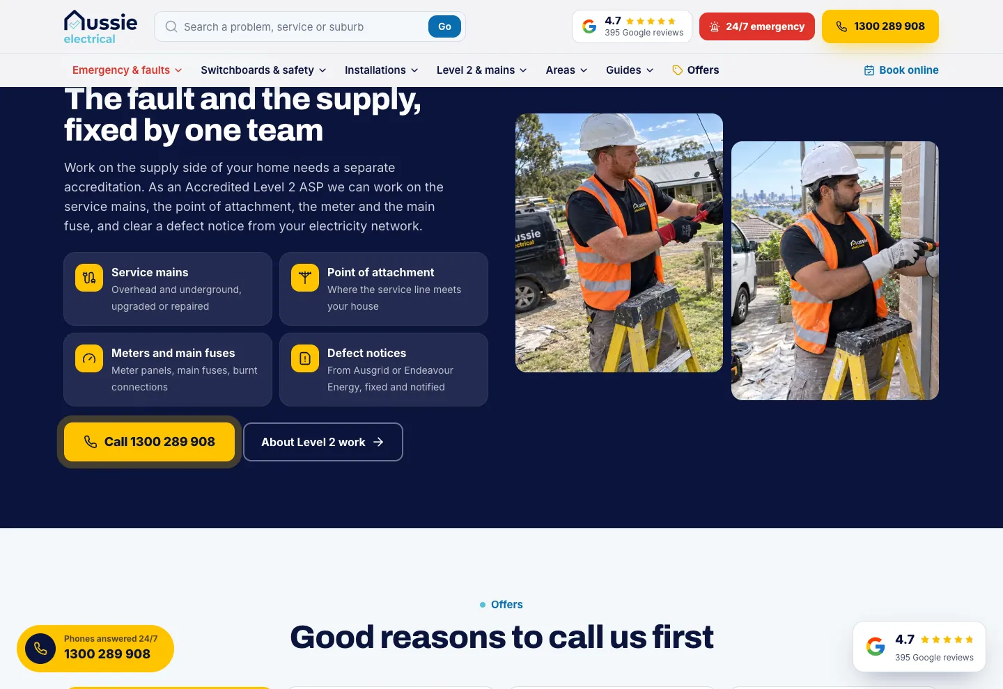Aussie Electrical home page band explaining Level 2 work on the supply to a home