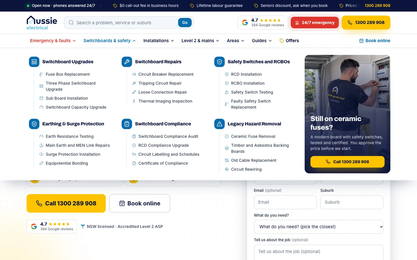 Aussie Electrical Switchboards and safety menu with six groups of services
