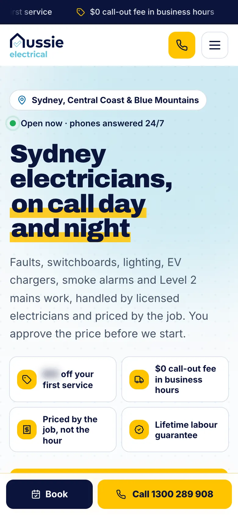 Aussie Electrical home page on a phone with Book and Call pinned to the bottom
