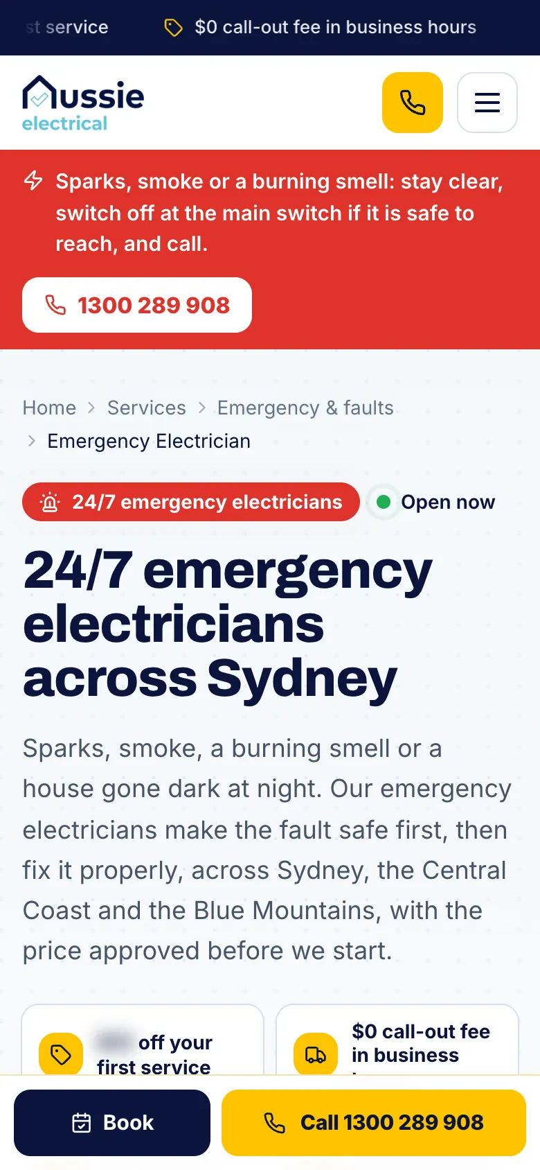 Aussie Electrical emergency electrician page on a phone with a red safety panel and a Book and Call bar