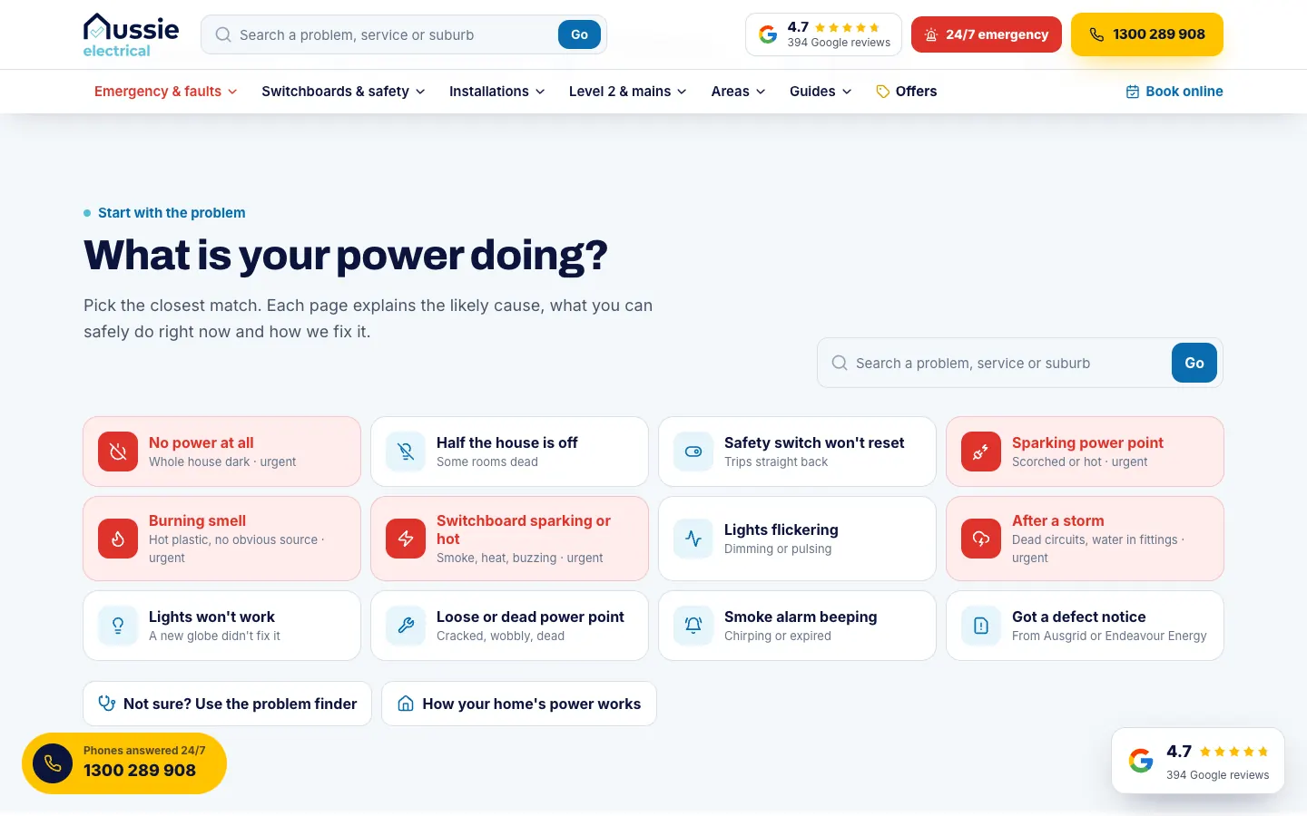 Aussie Electrical home page section asking what the power is doing, with twelve problems