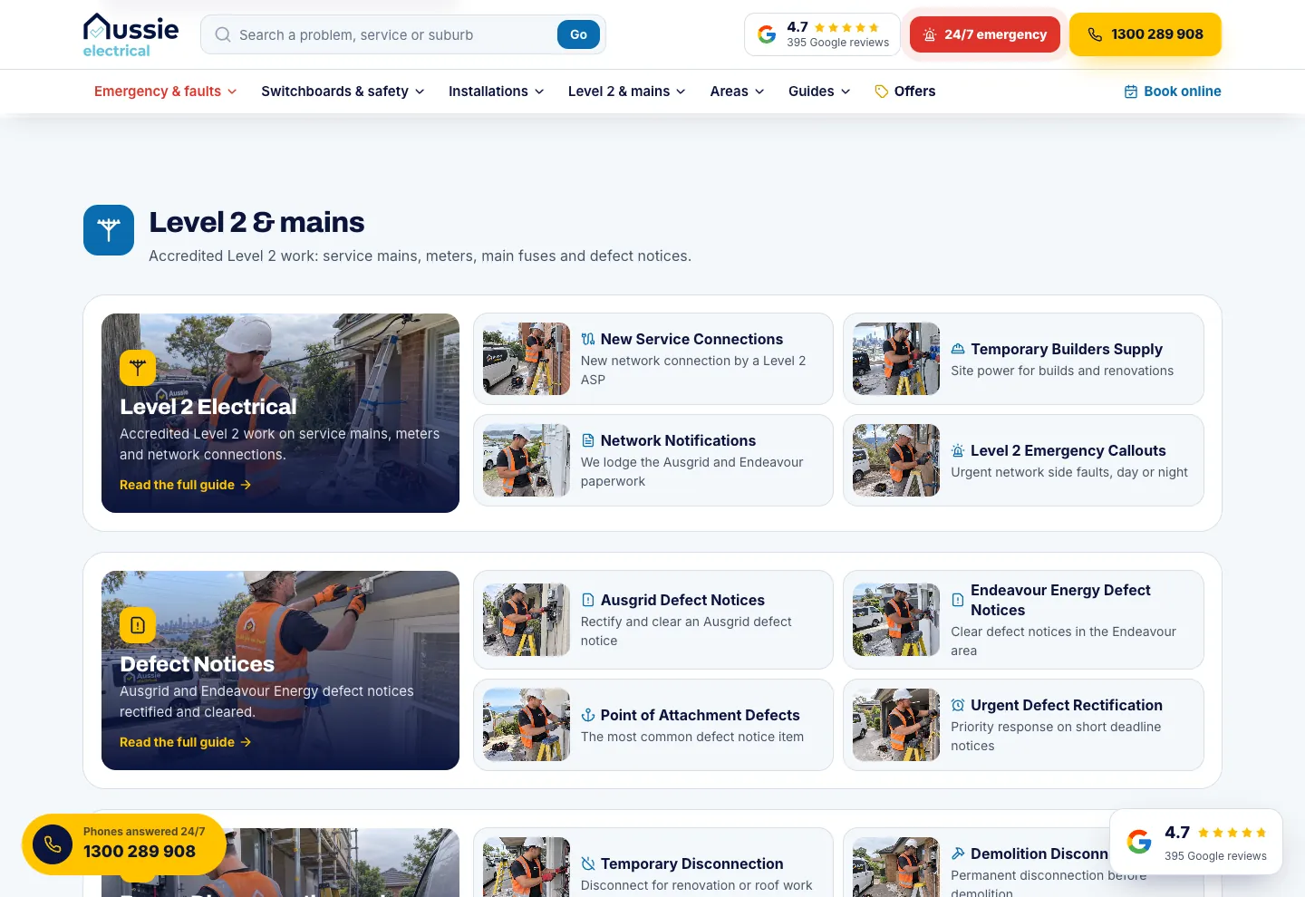 Aussie Electrical services hub grouping Level 2 connections, supply and defect-notice work