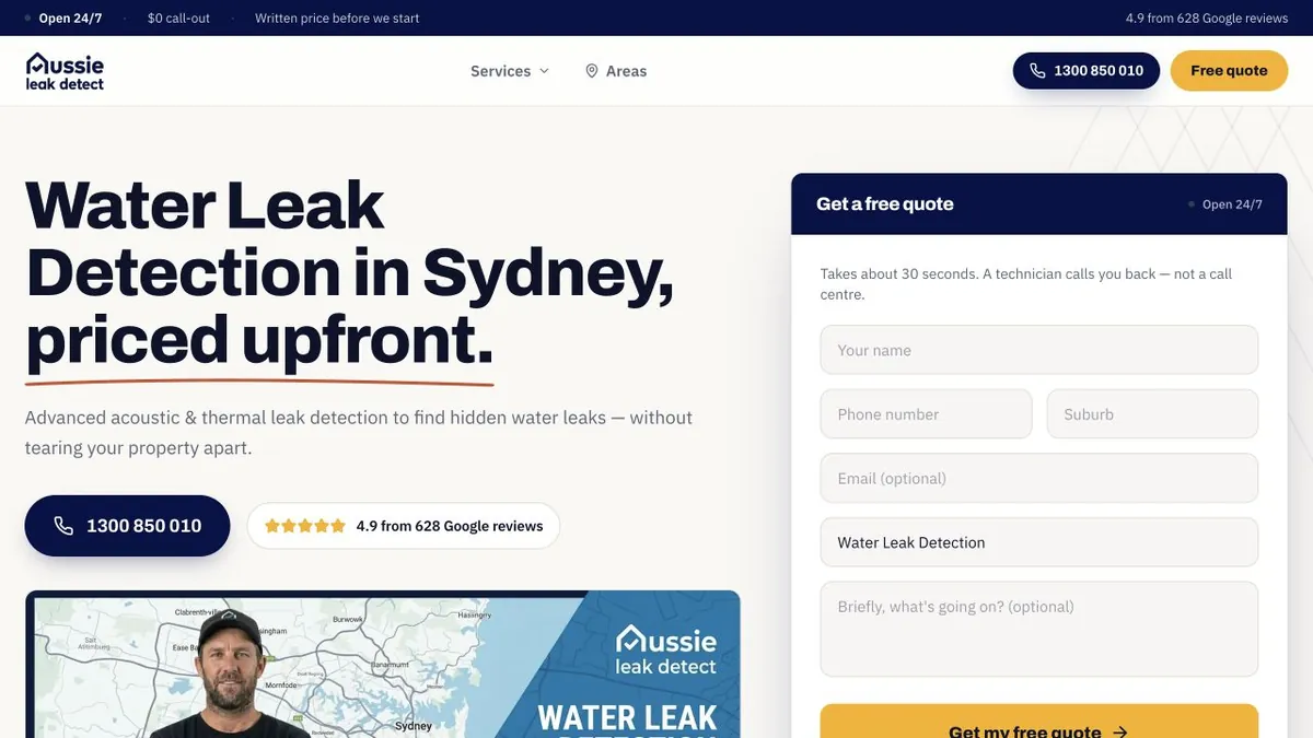 Aussie Leak Detect water-leak service page with selected service in quote form