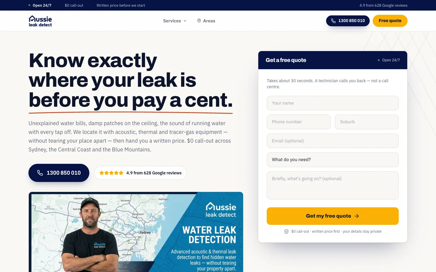 Aussie Leak Detect home page with the headline, a call button and a quote form