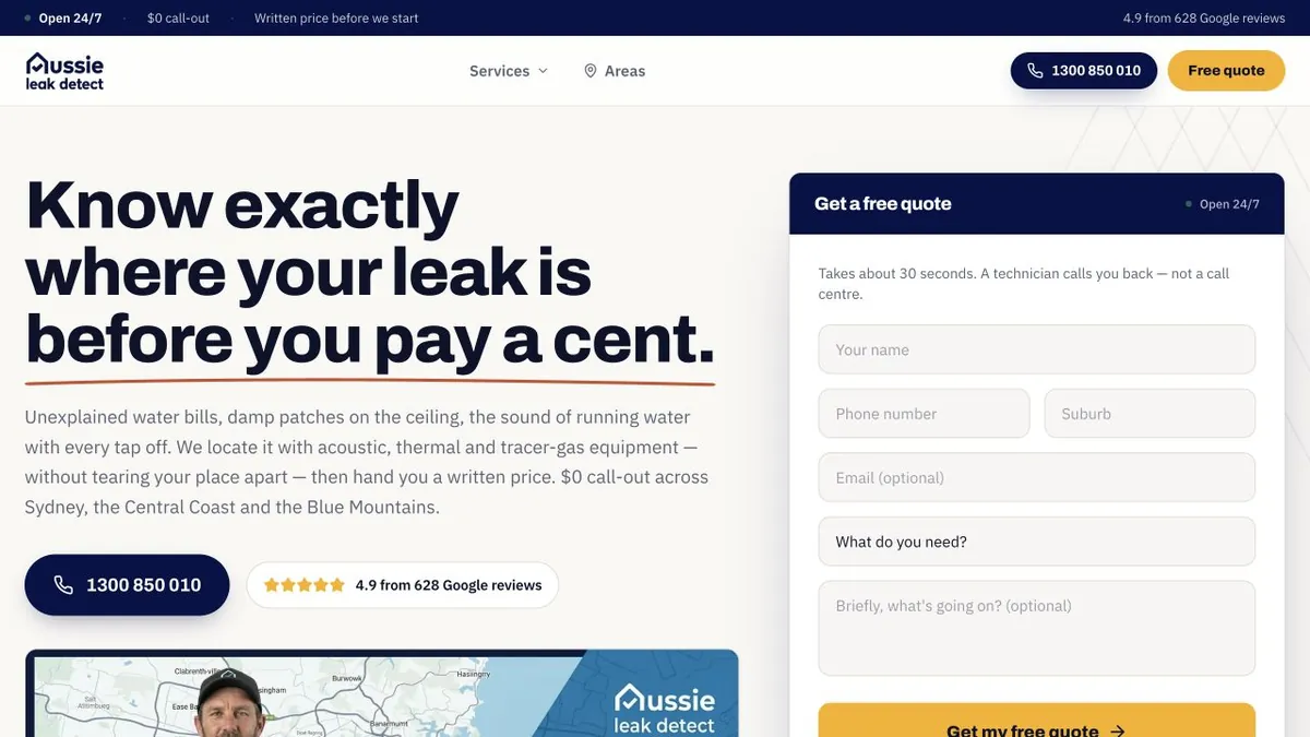 Aussie Leak Detect introduction with property-specific quote form