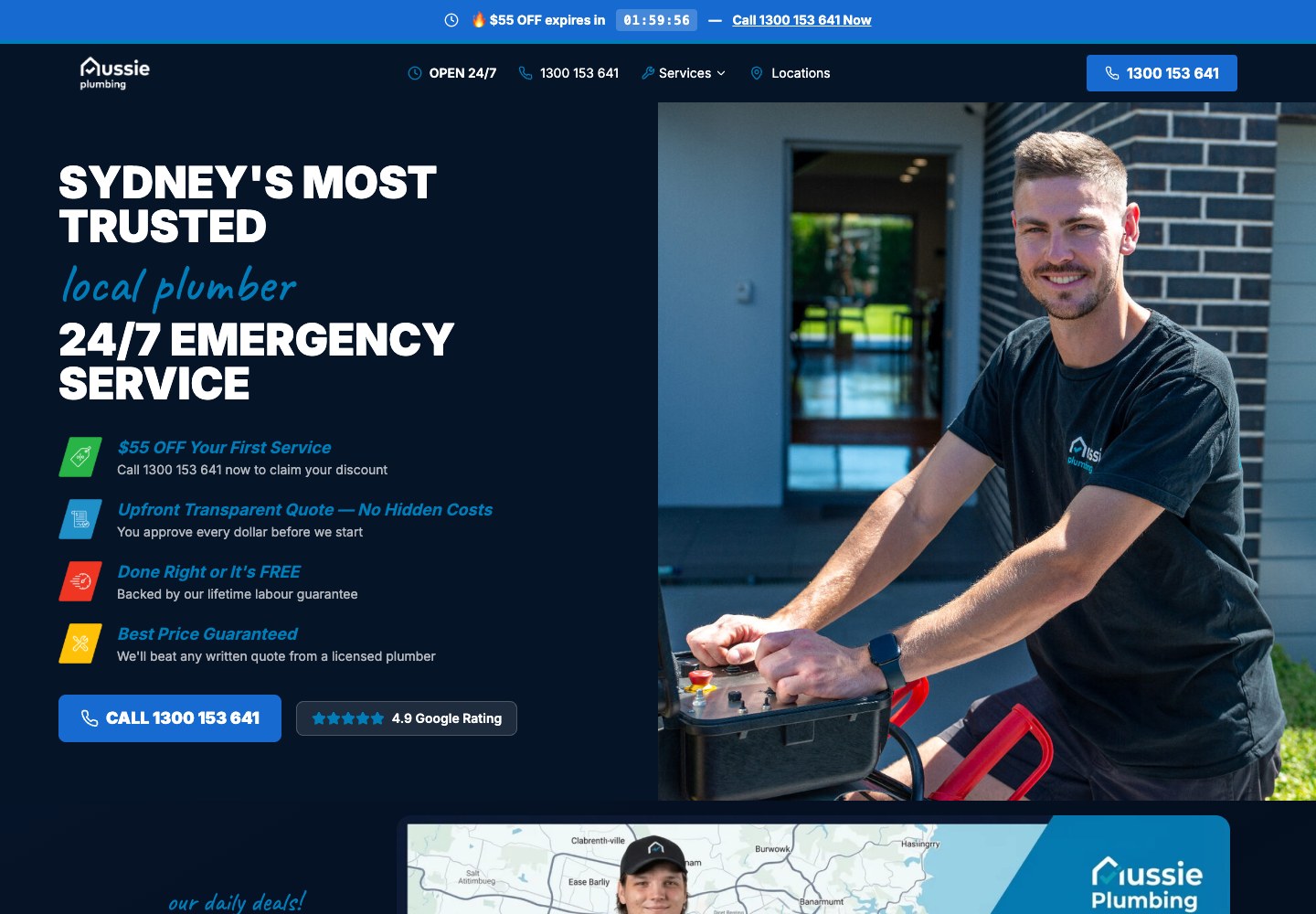 Aussie Plumbing website desktop homepage designed by SoudCoh