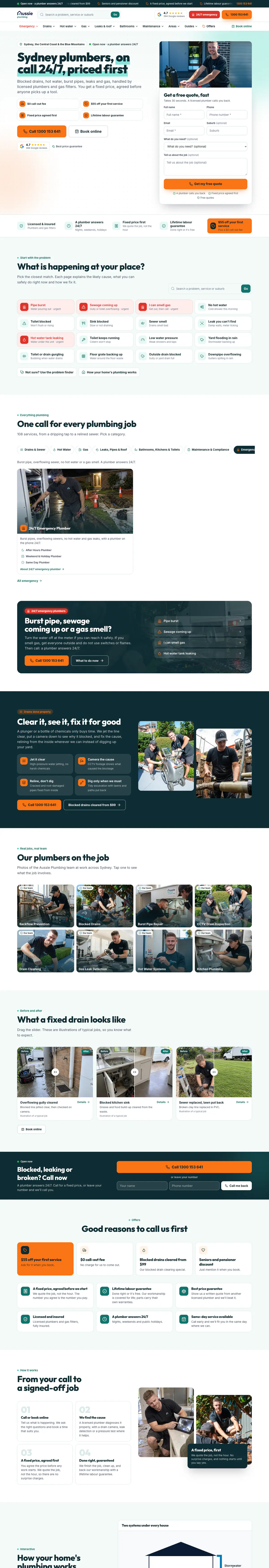 The Aussie Plumbing home page from top to bottom