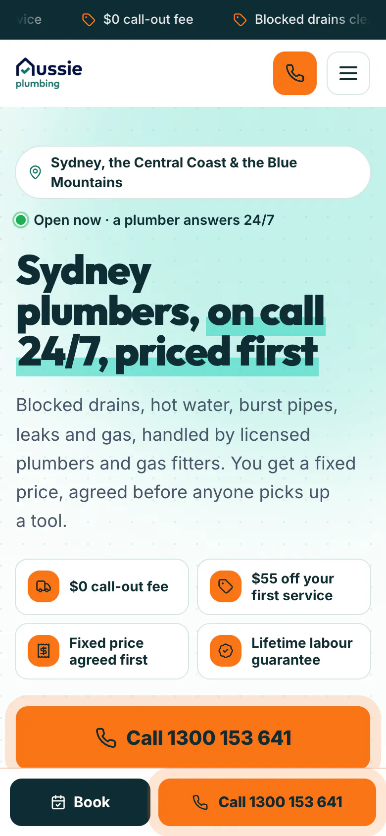 Aussie Plumbing home page on a phone with the Book and Call bar